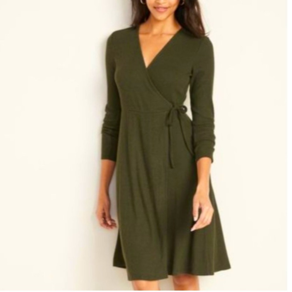 Olive green long sleeve wrap midi dress NWT